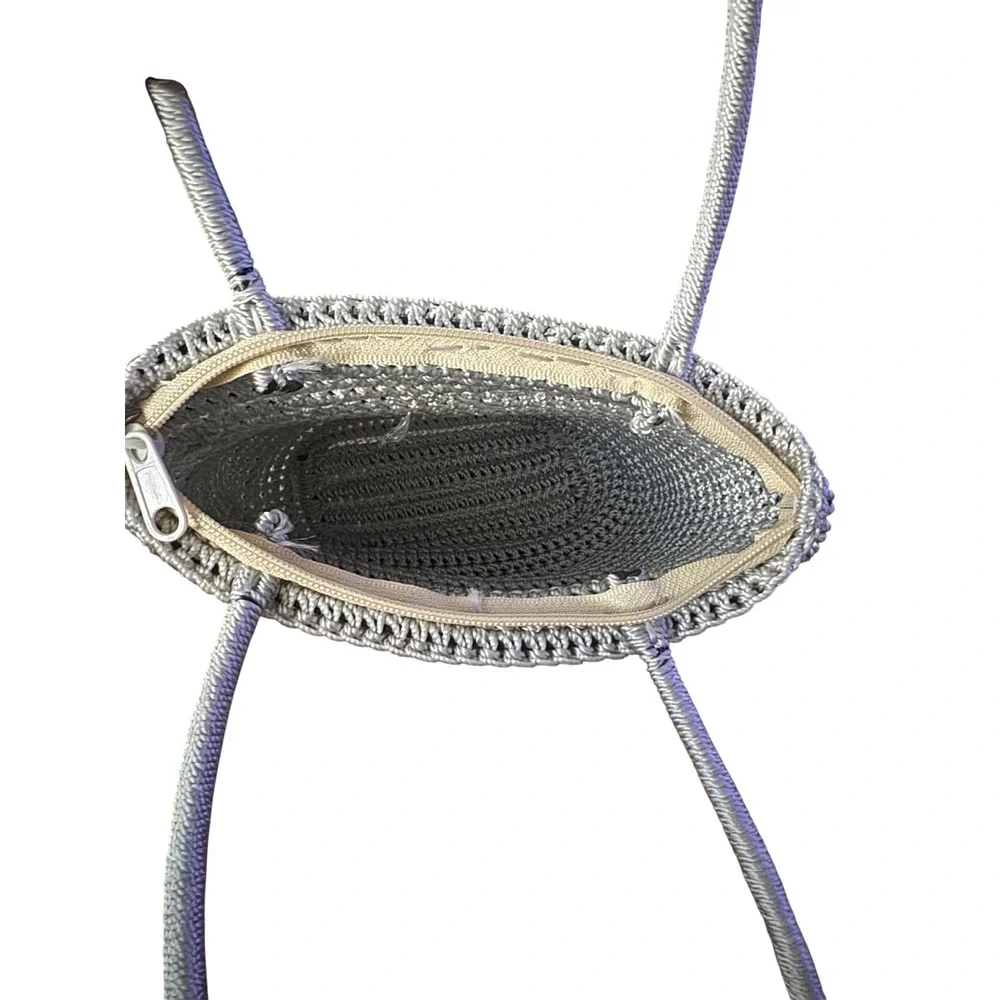 Silver Metallic Gray Crochet Shoulder Bag Floral Zip Tote Handcrafted VTG EUC